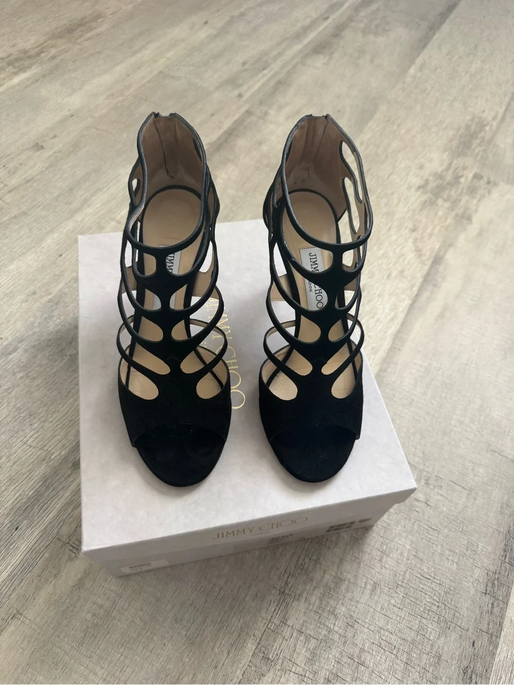 Jimmy Choo Black Suede Cage Stiletto Sandals